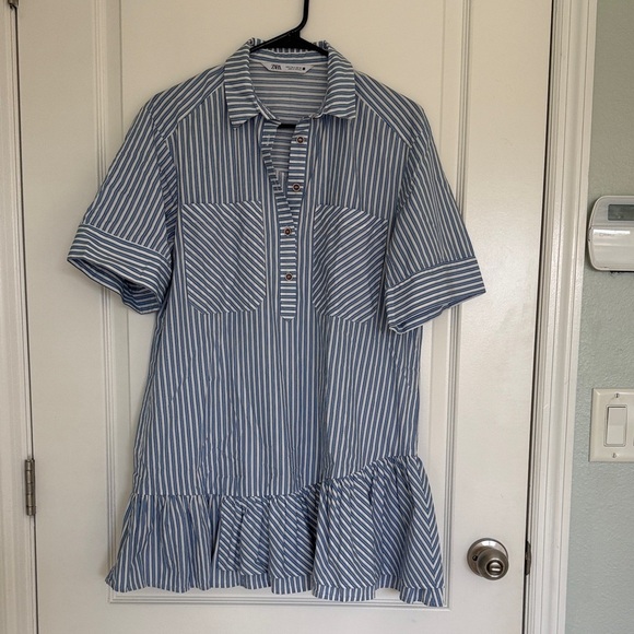 Zara Blue and Cream Striped Mini Dress Ruffle Frill Size Small Oversized - Picture 2 of 9